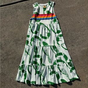 FARM Rio White Maxi Dress with Green Toucan Print and Rainbow Stripe